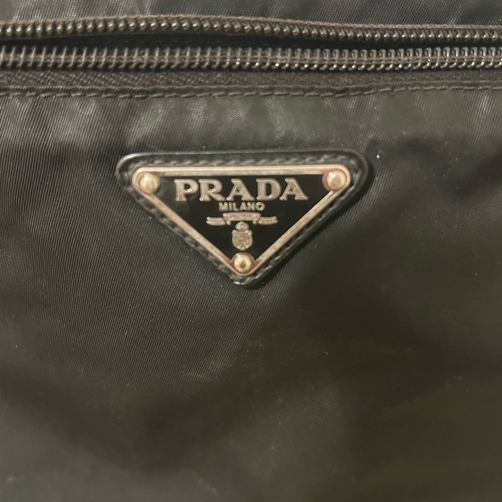 Prada triangle logo shoulder baghandbag, nylon & saffiano leather, black walllet